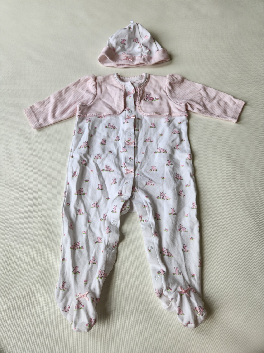 Little Me Pink and White Bunny Patterned Baby Footed Sleeper Set With Hat